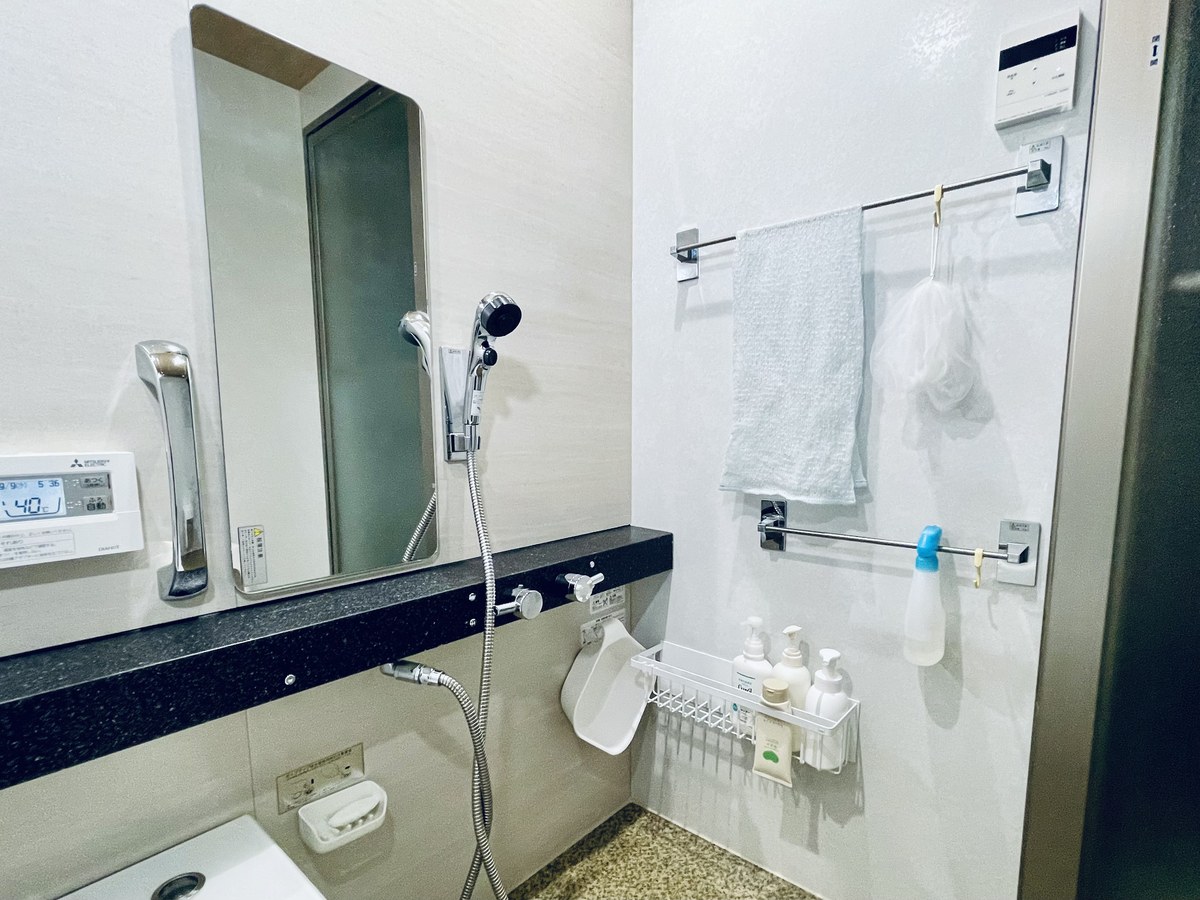 グレイスバスの洗い場。縦向きのミラーと、低い位置のシャワーフック
