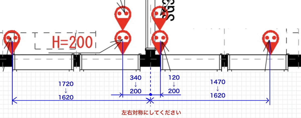 子供部屋のコンセント位置を左右対称に修正した寸法図